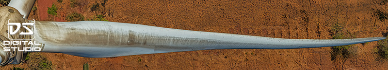 Drone inspection panorama of wind turbine blade B documenting surface condition across full span