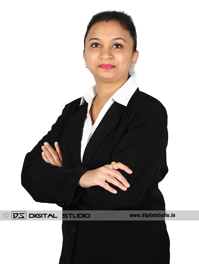 Female executive on white backdrop