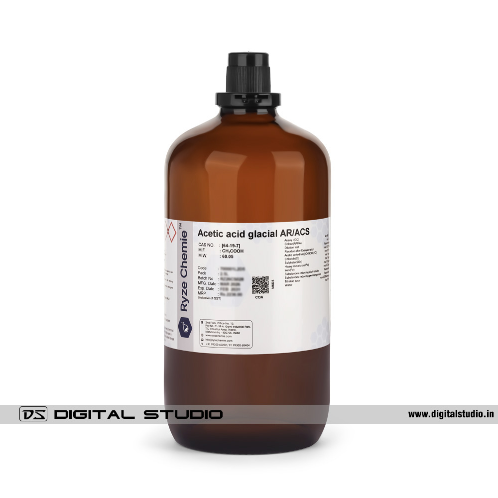 Precision photography of an Acetic Acid Glacial chemical glass bottle for pharmaceutical and lab documentation