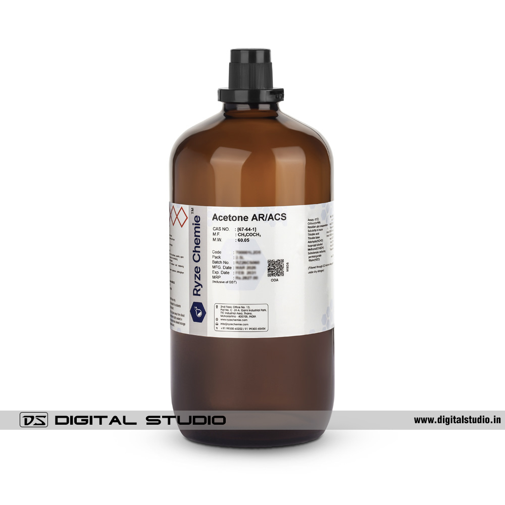 Professional studio photography of a 2.5L amber glass Acetone bottle with sharp label legibility.