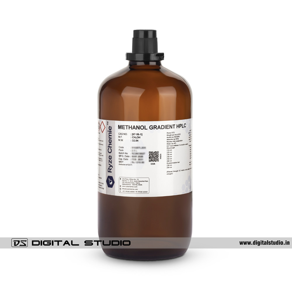 Studio shoot of an Acetonitrile Gradient HPLC glass bottle highlighting dimensional clarity and surface finish.