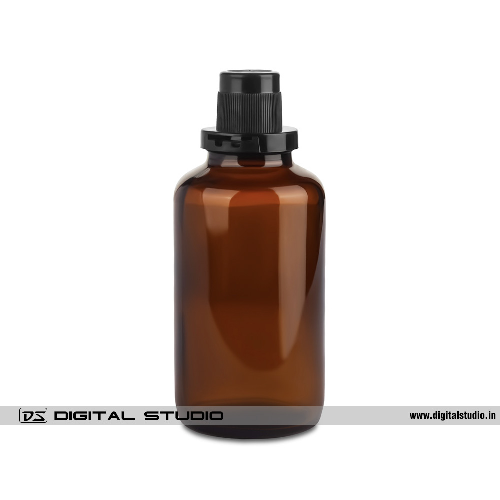 Tabletop photography of a medium amber glass chemical bottle showcasing professional reflection management on glass.