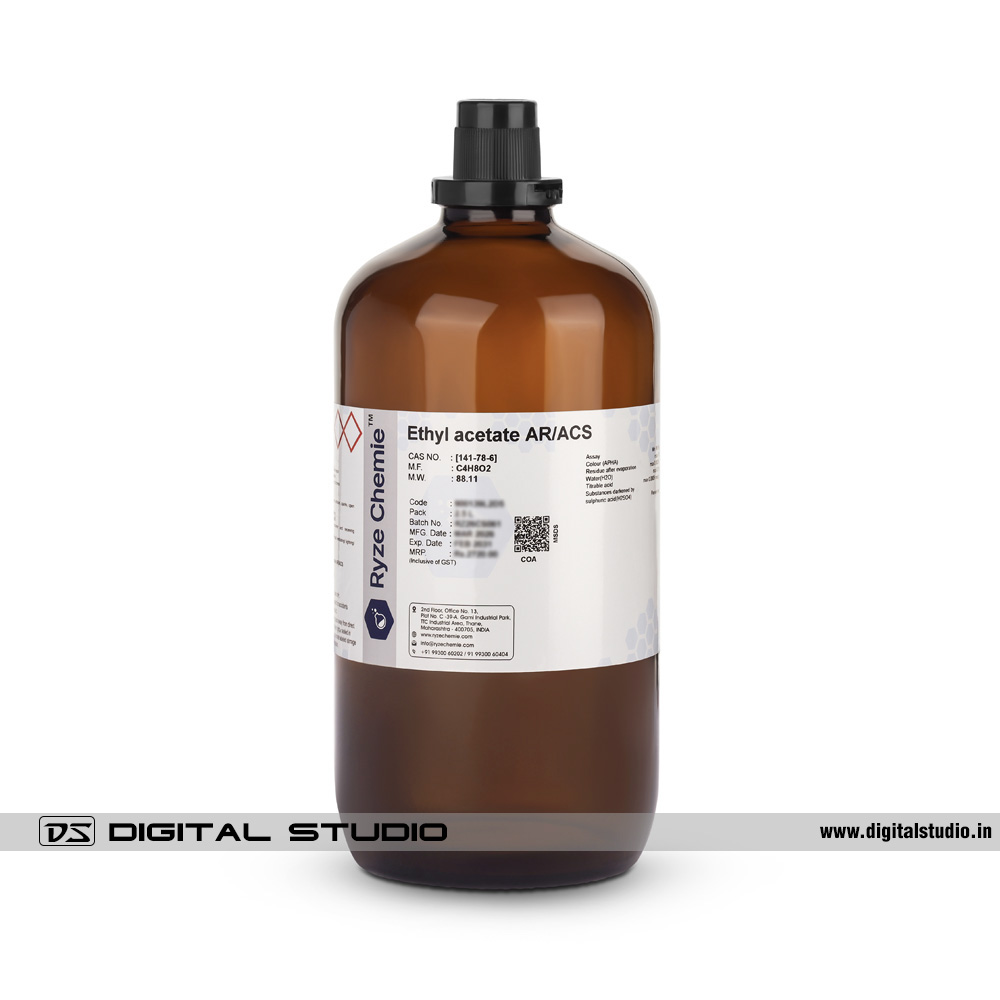Industrial product photography of an Ethyl Acetate chemical bottle isolated on white with professional contact shadows.