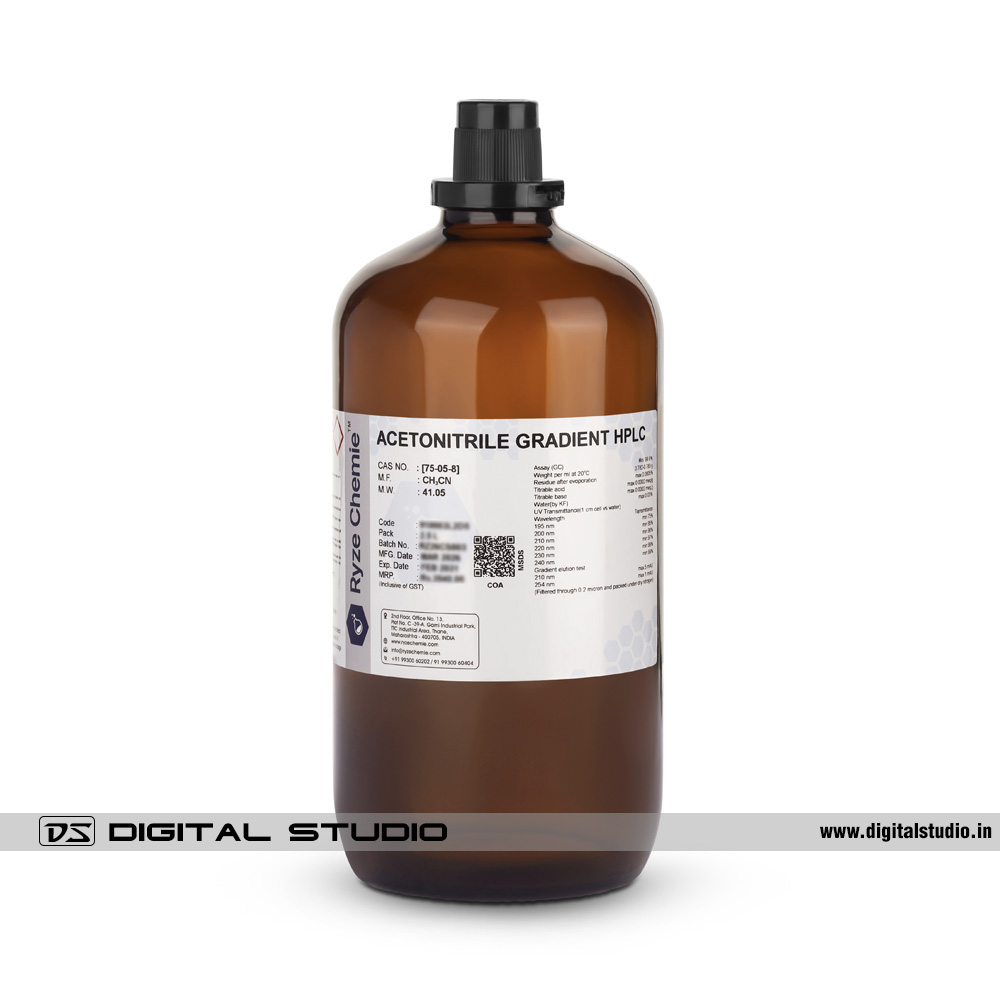Commercial photography of a Methanol Gradient HPLC grade chemical bottle for industrial and lab catalogs.