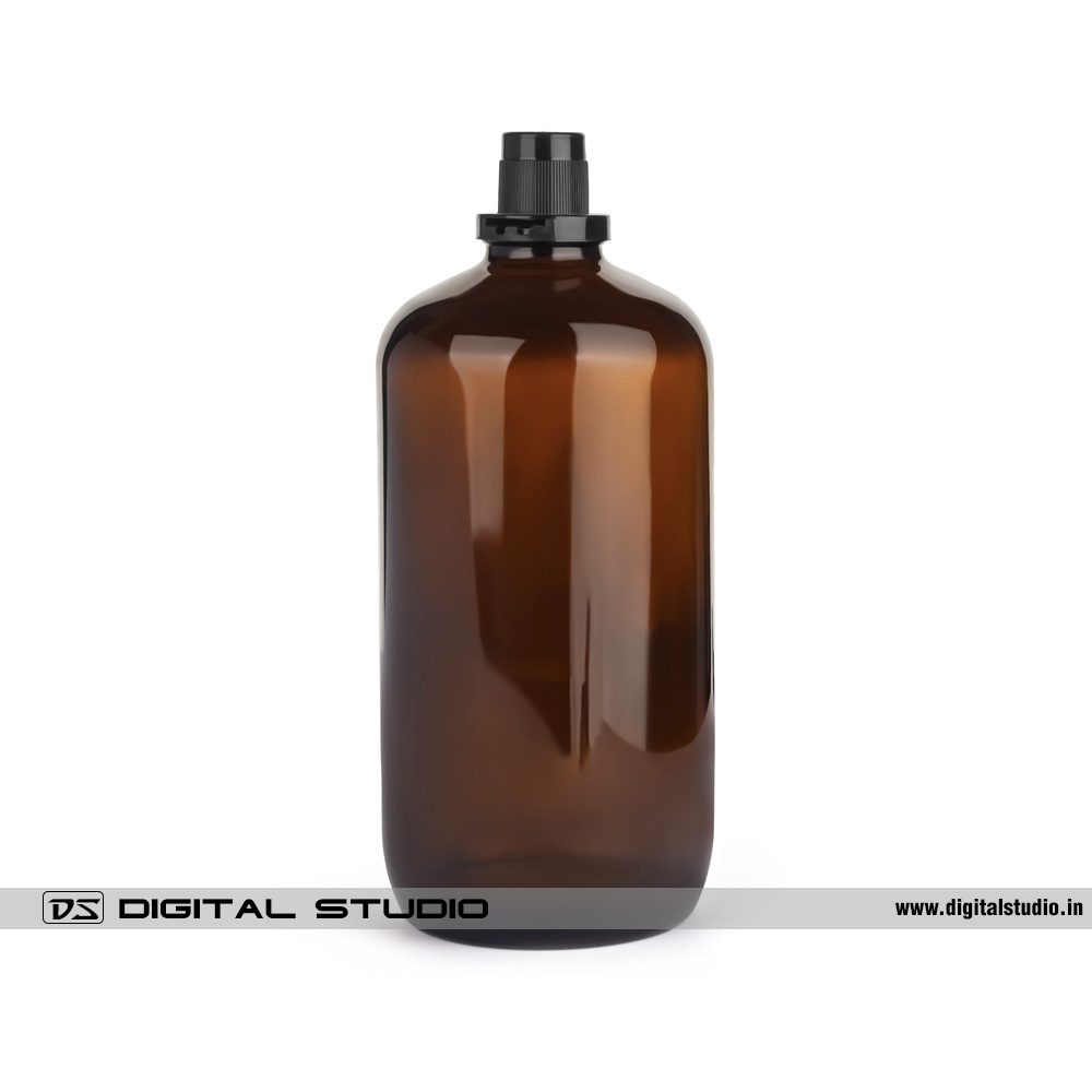 Clean studio capture of a large laboratory glass bottle showing accurate material texture and deep amber tonality.