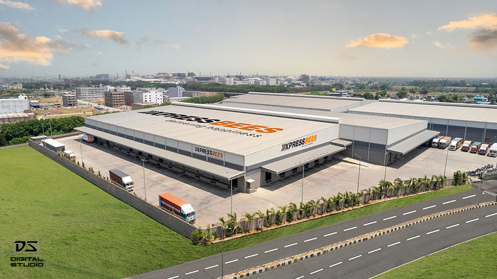 Drone aerial photo of Busybees logistics warehouse exterior and sorting center facility in Surat, Gujarat