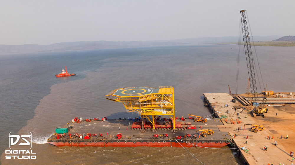 birds eye view of the jetty and barge loaded with deck