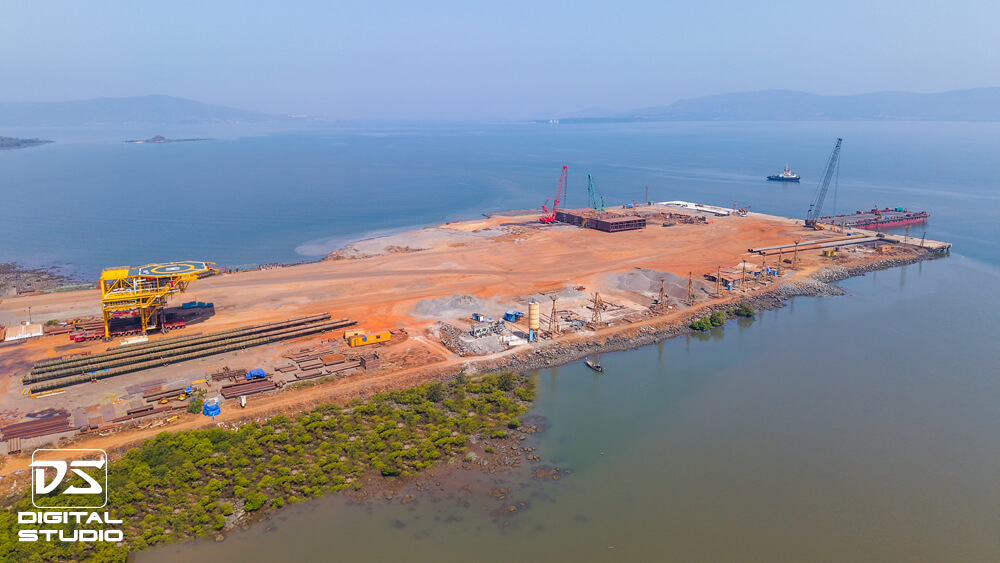 Wide angle shot of the jetty and barge