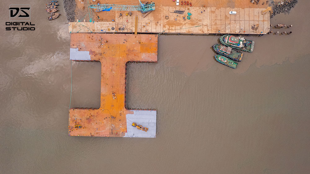 Aerial photograph of barge building yard
