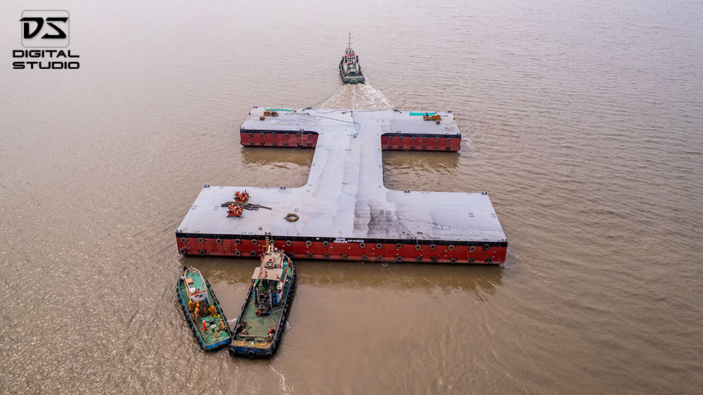 Aerial photograph of barge being launched