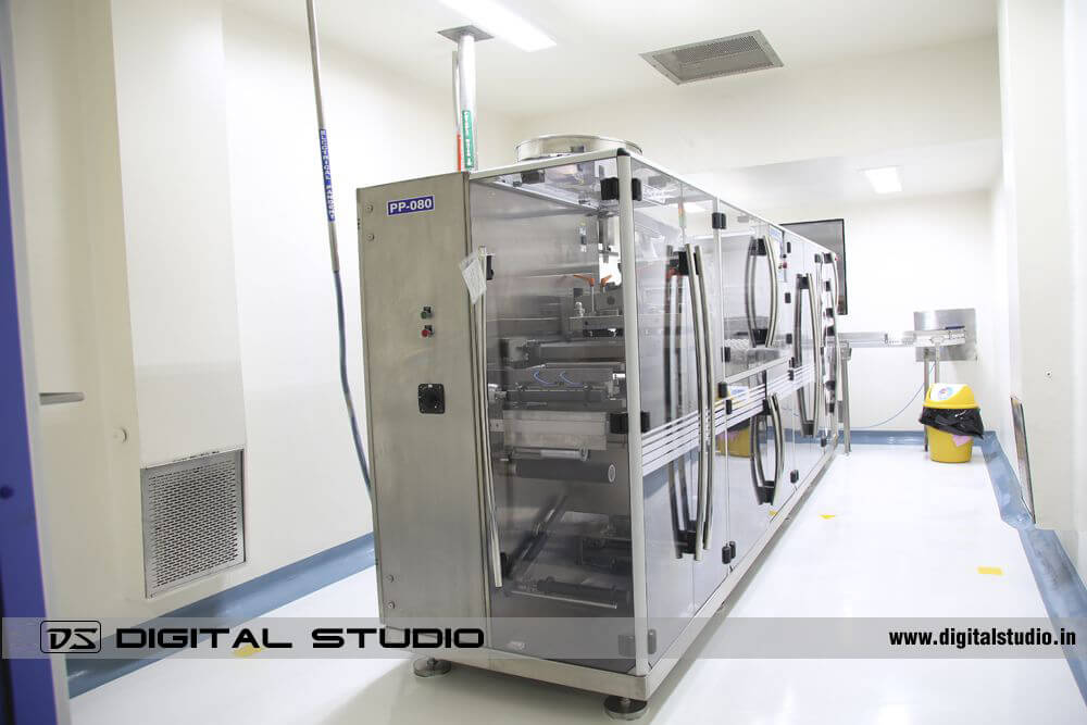 Aerial drone photograph of pharmaceutical equipment layout