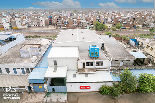 Aerial drone photograph of a toy manufacturing unit in Delhi NCR