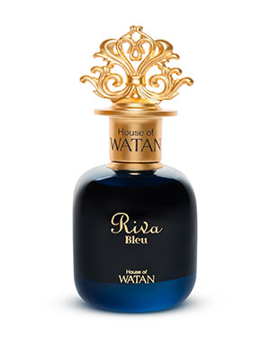 Actual studio photograph of a luxury dark blue perfume bottle with an ornate gold cap on a white background.
