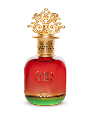 Professional studio photograph of a red and amber glass perfume bottle with decorative gold detailing.